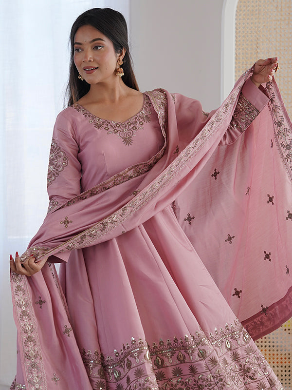 Light Pink Embroidery Sequence Work Roman Silk Gown With Dupatta