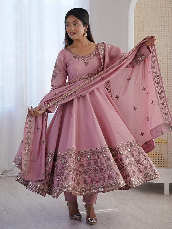 Light Pink Embroidery Sequence Work Roman Silk Gown With Dupatta