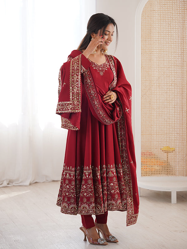 Maroon Embroidery Sequence Work Roman Silk Gown With Dupatta