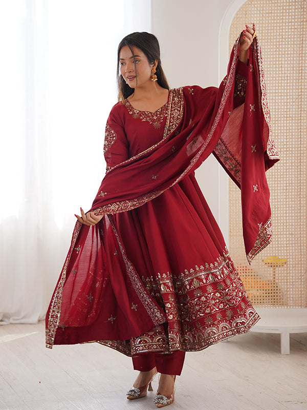 Maroon Embroidery Sequence Work Roman Silk Gown With Dupatta