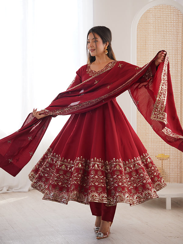 Maroon Embroidery Sequence Work Roman Silk Gown With Dupatta