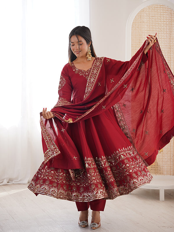 Maroon Embroidery Sequence Work Roman Silk Gown With Dupatta