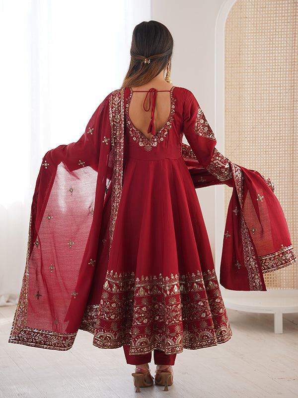 Maroon Embroidery Sequence Work Roman Silk Gown With Dupatta
