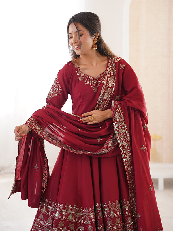 Maroon Embroidery Sequence Work Roman Silk Gown With Dupatta