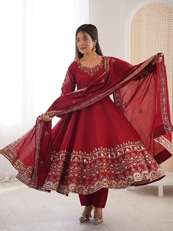 Maroon Embroidery Sequence Work Roman Silk Gown With Dupatta