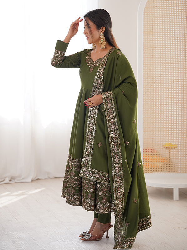 Mehndi Green Embroidery Sequence Work Roman Silk Gown With Dupatta