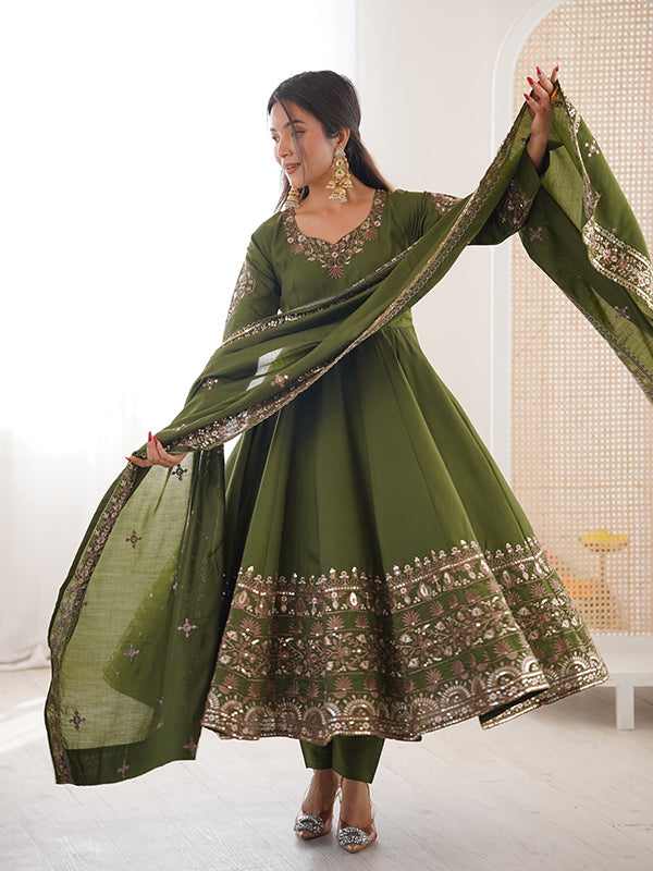 Mehndi Green Embroidery Sequence Work Roman Silk Gown With Dupatta
