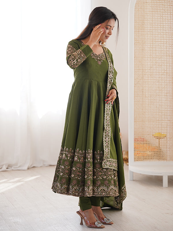 Mehndi Green Embroidery Sequence Work Roman Silk Gown With Dupatta