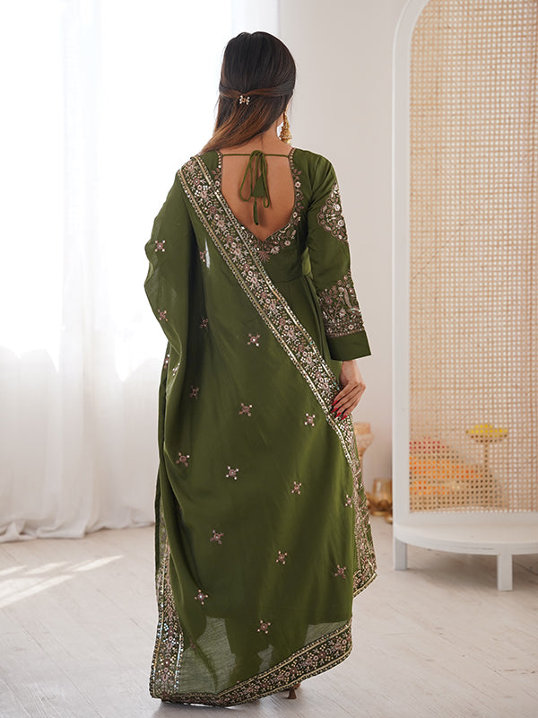 Mehndi Green Embroidery Sequence Work Roman Silk Gown With Dupatta