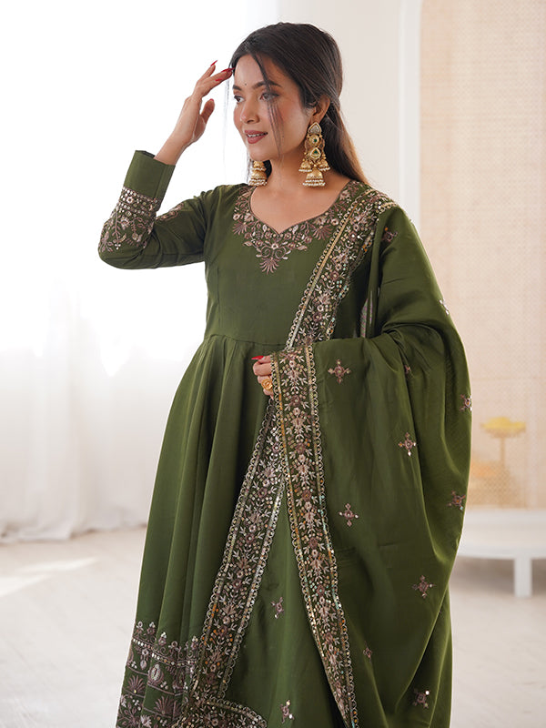 Mehndi Green Embroidery Sequence Work Roman Silk Gown With Dupatta