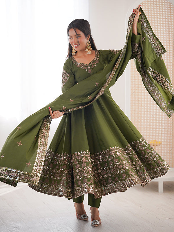Mehndi Green Embroidery Sequence Work Roman Silk Gown With Dupatta