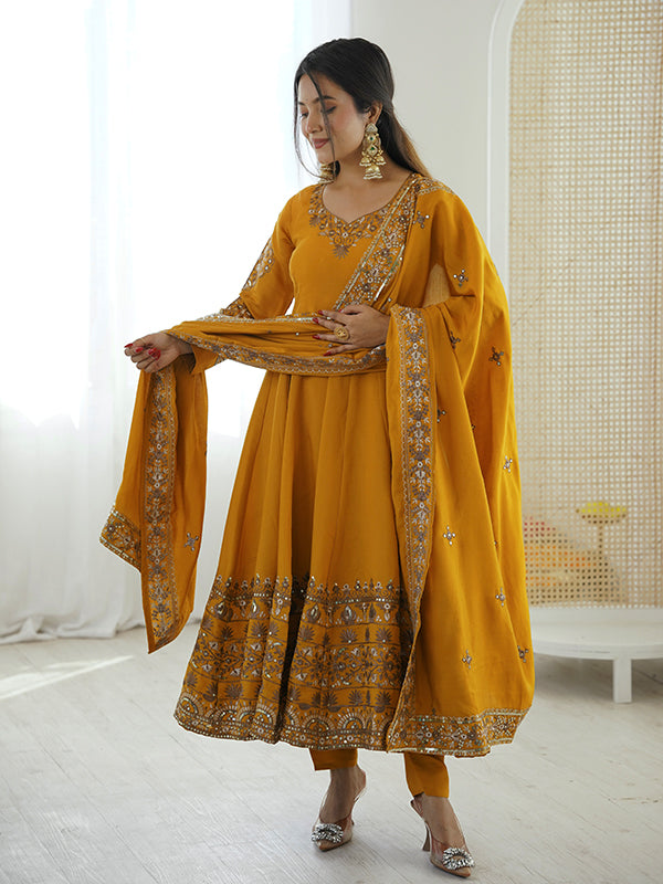 Mustard Yellow Embroidery Sequence Work Roman Silk Gown With Dupatta