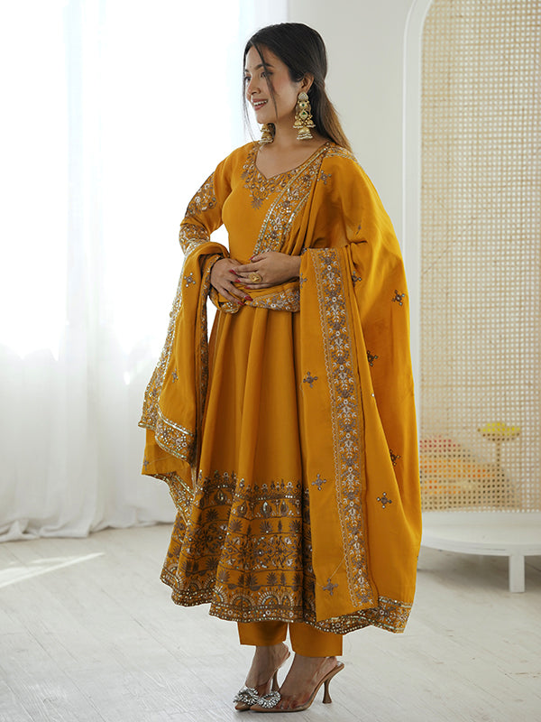 Mustard Yellow Embroidery Sequence Work Roman Silk Gown With Dupatta