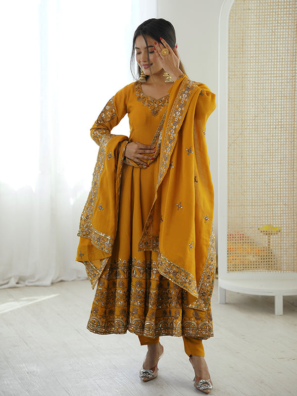Mustard Yellow Embroidery Sequence Work Roman Silk Gown With Dupatta