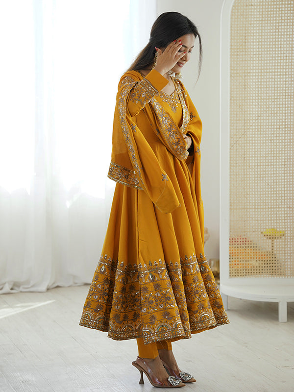 Mustard Yellow Embroidery Sequence Work Roman Silk Gown With Dupatta