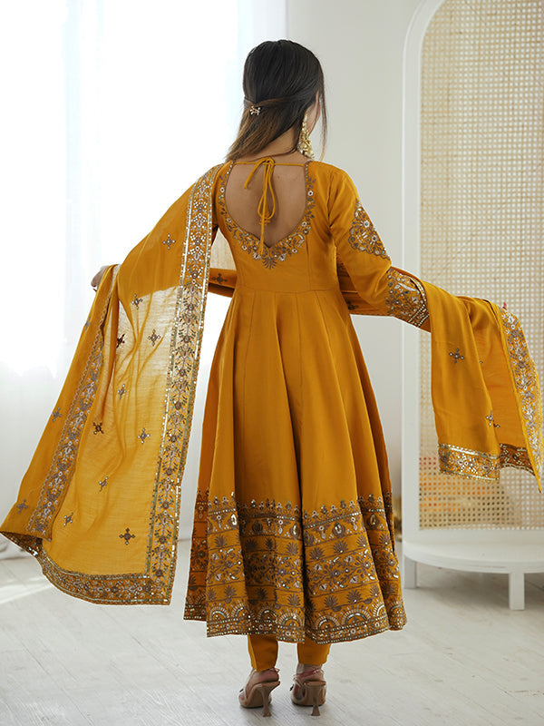 Mustard Yellow Embroidery Sequence Work Roman Silk Gown With Dupatta