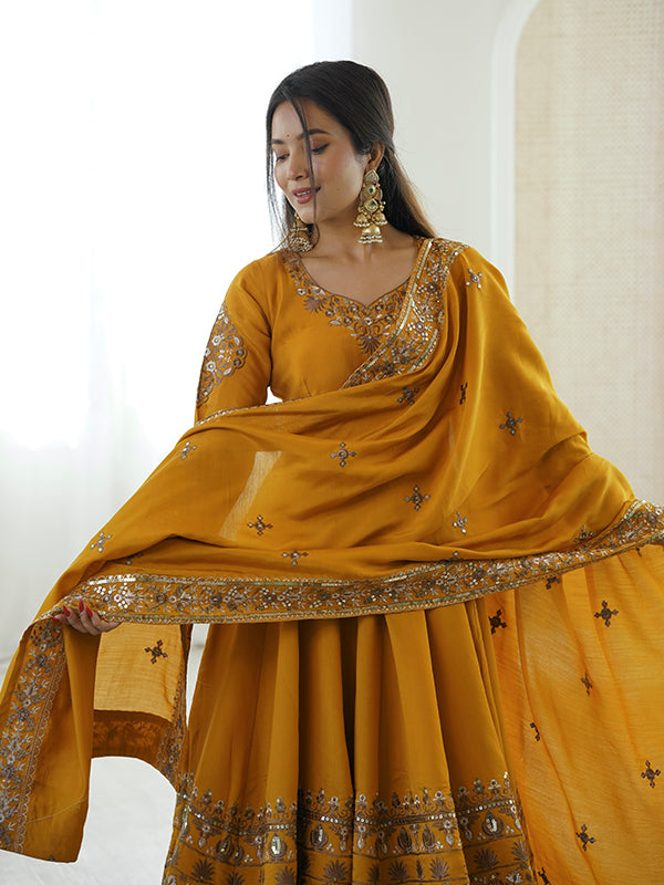 Mustard Yellow Embroidery Sequence Work Roman Silk Gown With Dupatta