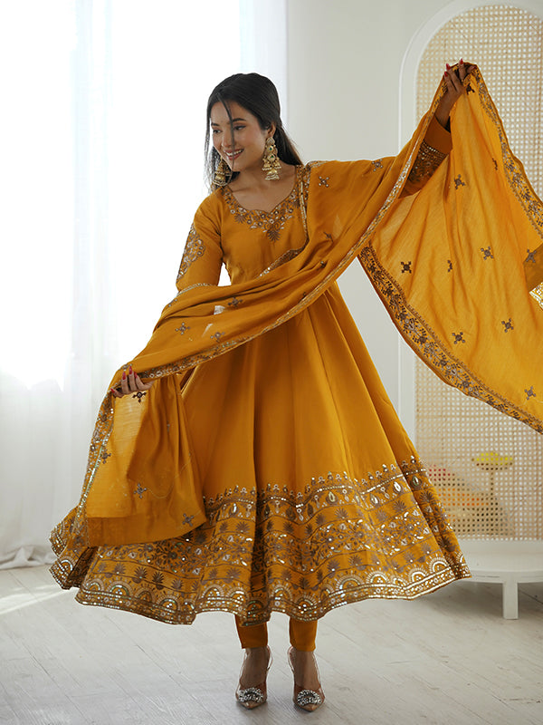 Mustard Yellow Embroidery Sequence Work Roman Silk Gown With Dupatta