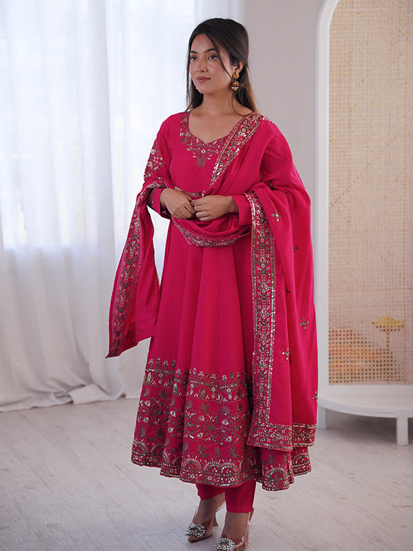 Pink Embroidery Sequence Work Roman Silk Gown With Dupatta