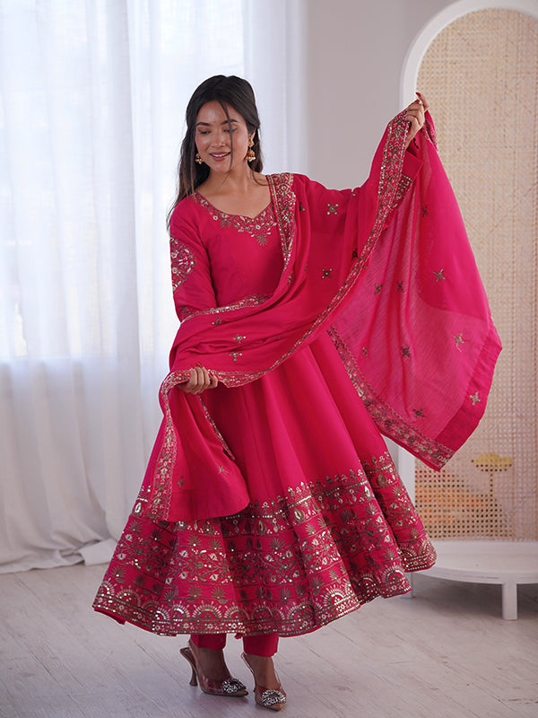 Pink Embroidery Sequence Work Roman Silk Gown With Dupatta