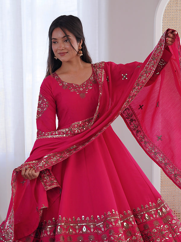 Pink Embroidery Sequence Work Roman Silk Gown With Dupatta