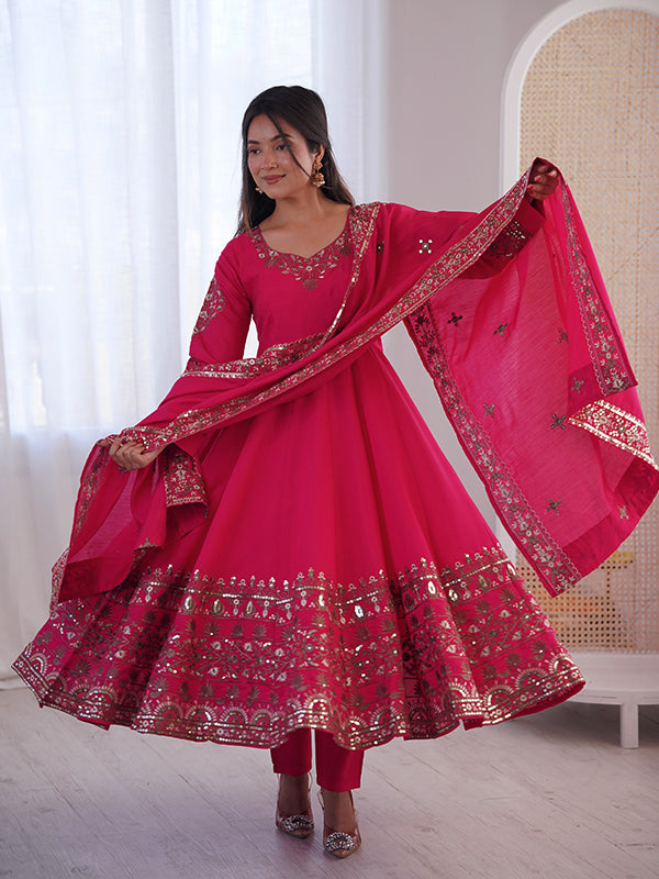 Pink Embroidery Sequence Work Roman Silk Gown With Dupatta