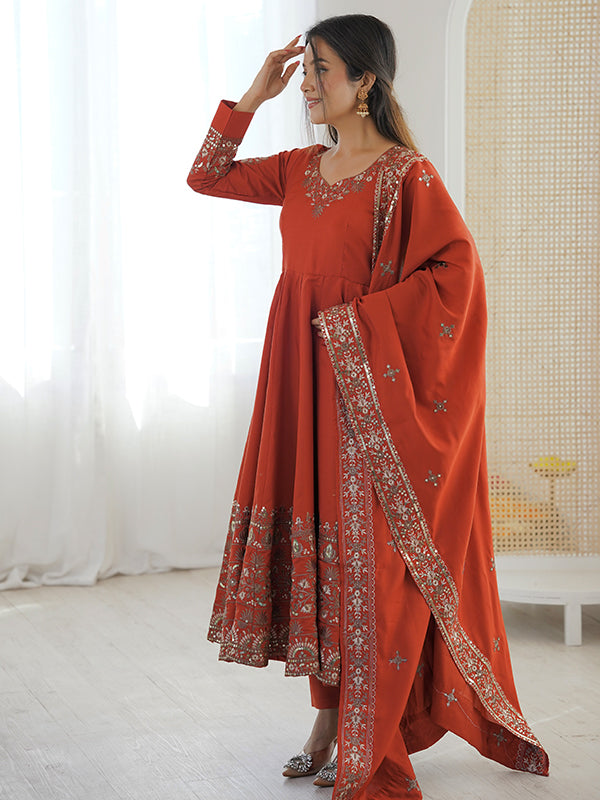 Rust Orange Embroidery Sequence Work Roman Silk Gown With Dupatta