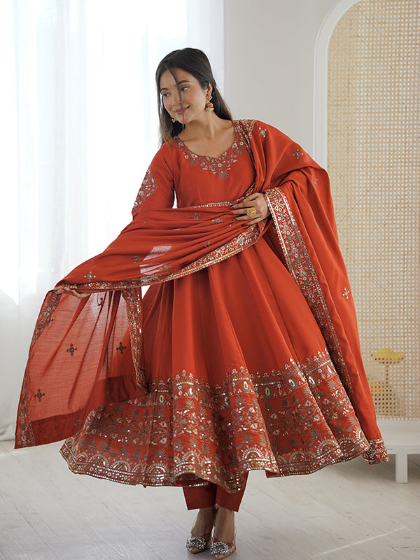Rust Orange Embroidery Sequence Work Roman Silk Gown With Dupatta