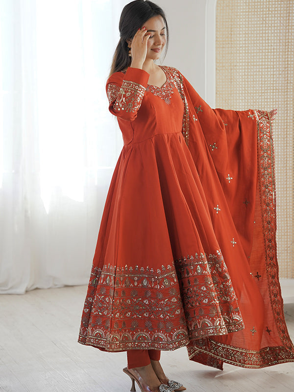 Rust Orange Embroidery Sequence Work Roman Silk Gown With Dupatta