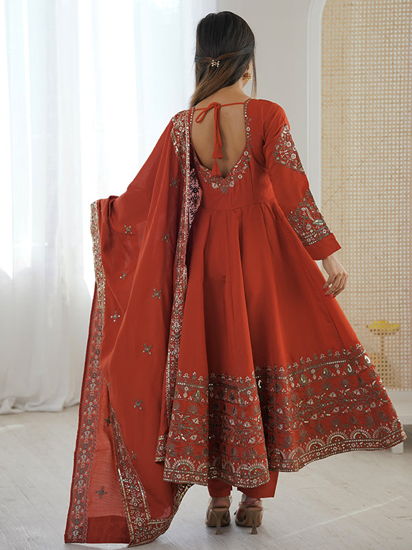 Rust Orange Embroidery Sequence Work Roman Silk Gown With Dupatta