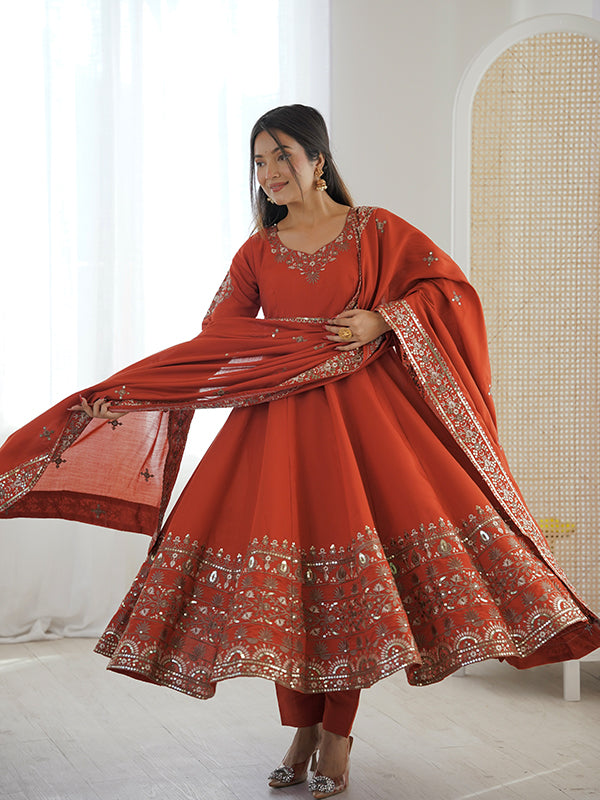 Rust Orange Embroidery Sequence Work Roman Silk Gown With Dupatta