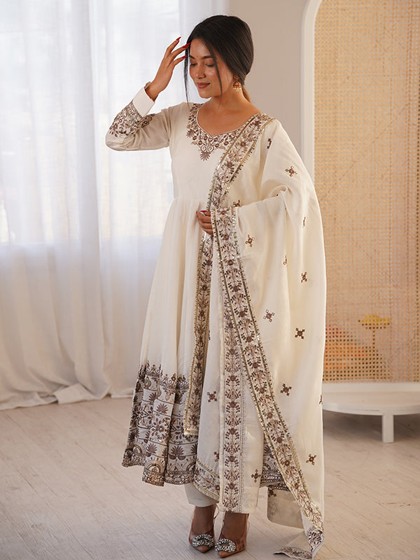 White Embroidery Sequence Work Roman Silk Gown With Dupatta
