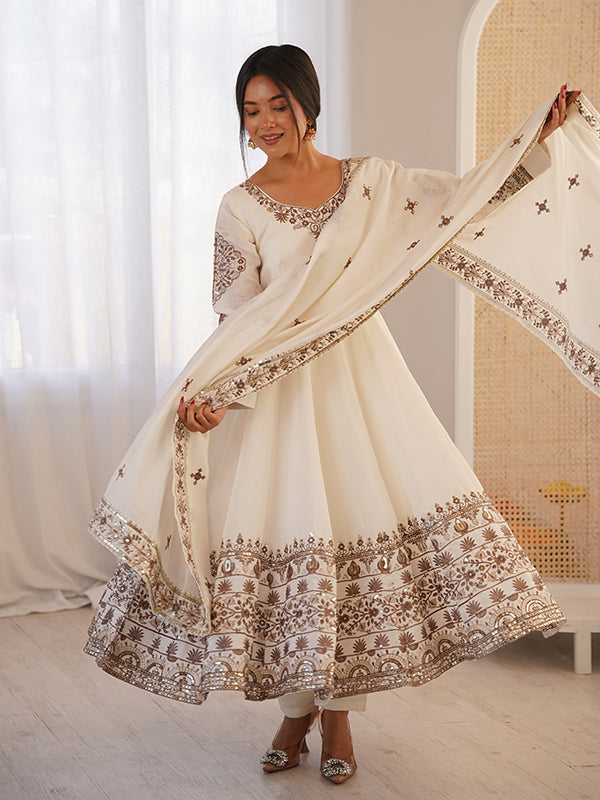 White Embroidery Sequence Work Roman Silk Gown With Dupatta