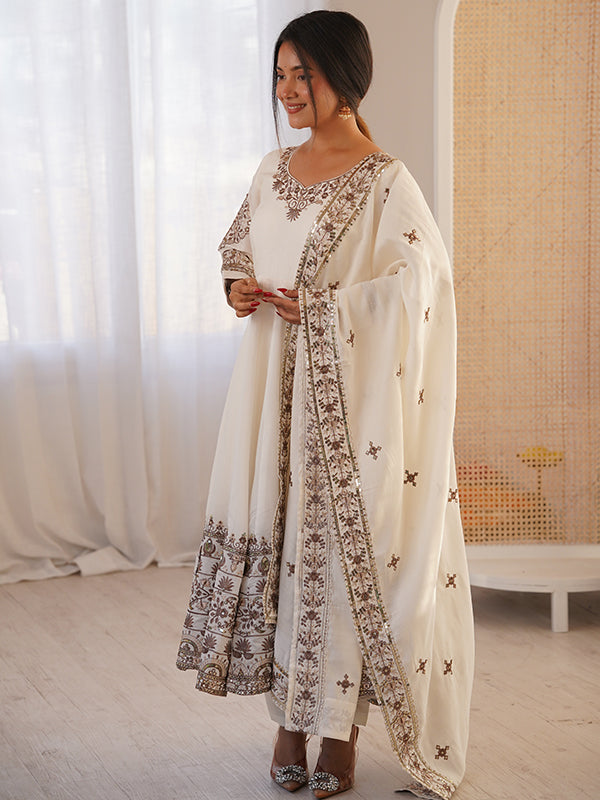 White Embroidery Sequence Work Roman Silk Gown With Dupatta