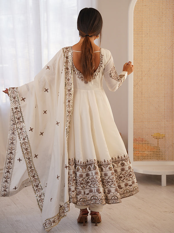 White Embroidery Sequence Work Roman Silk Gown With Dupatta