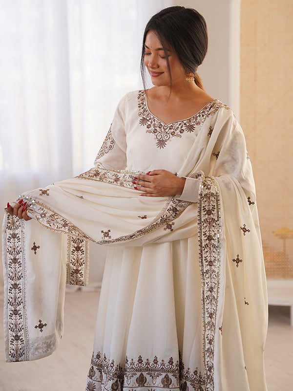 White Embroidery Sequence Work Roman Silk Gown With Dupatta