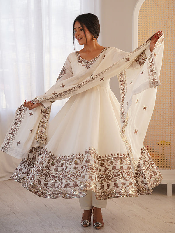 White Embroidery Sequence Work Roman Silk Gown With Dupatta