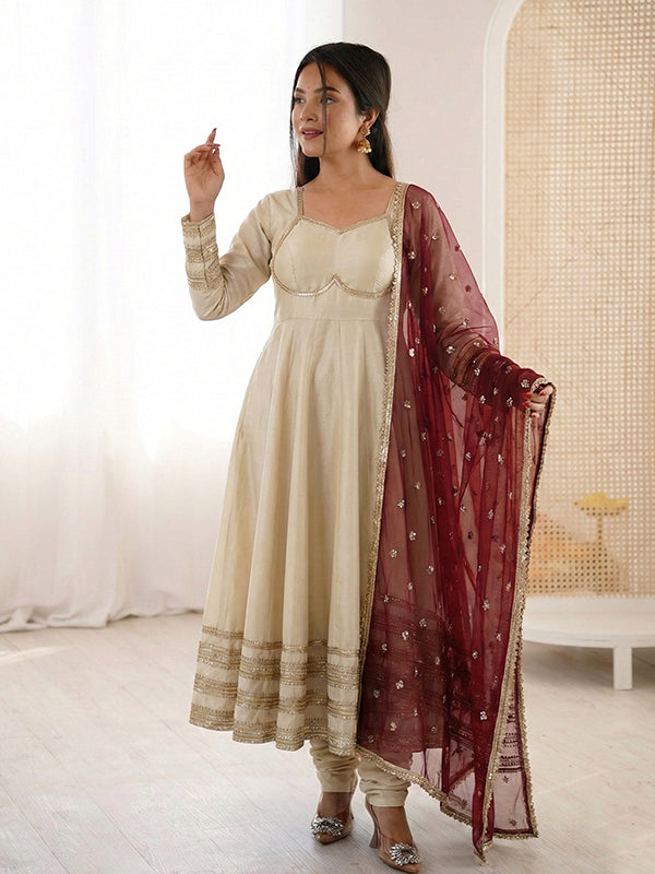 Off White Heavy Lace Work Cosmos Gold Anarkali Gown With Maroon Dupatta