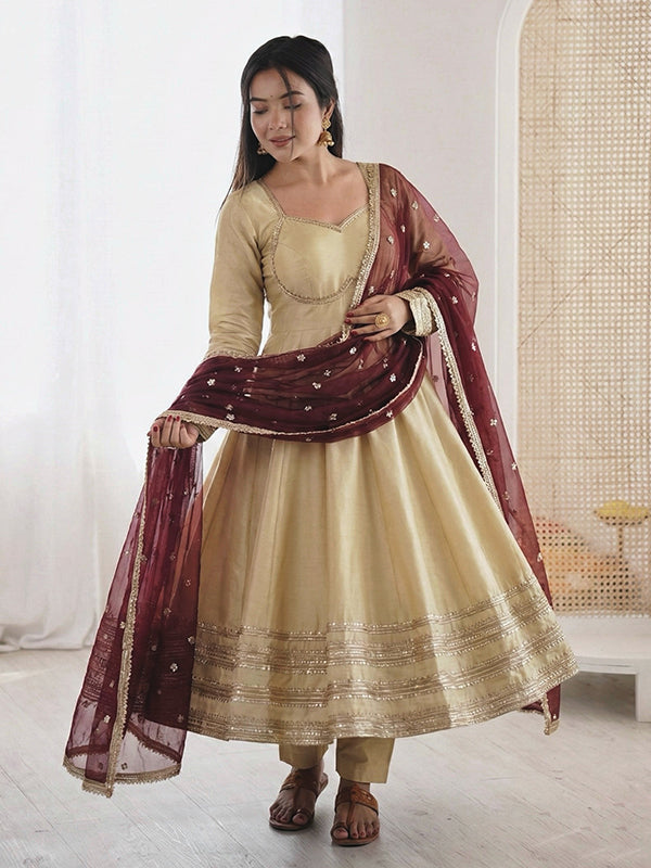 Off White Heavy Lace Work Cosmos Gold Anarkali Gown With Maroon Dupatta