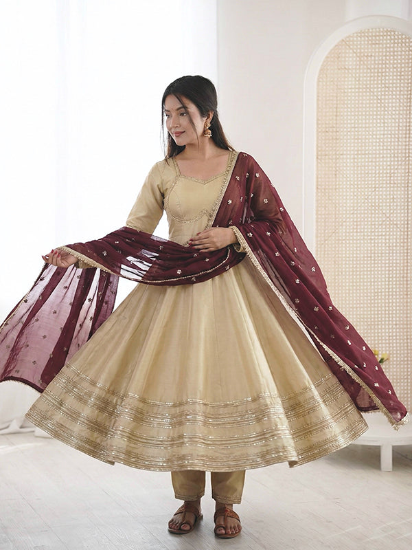 Off White Heavy Lace Work Cosmos Gold Anarkali Gown With Maroon Dupatta