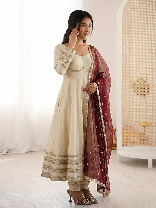 Off White Heavy Lace Work Cosmos Gold Anarkali Gown With Maroon Dupatta