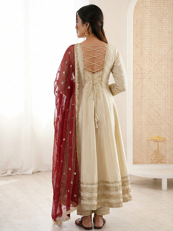 Off White Heavy Lace Work Cosmos Gold Anarkali Gown With Maroon Dupatta