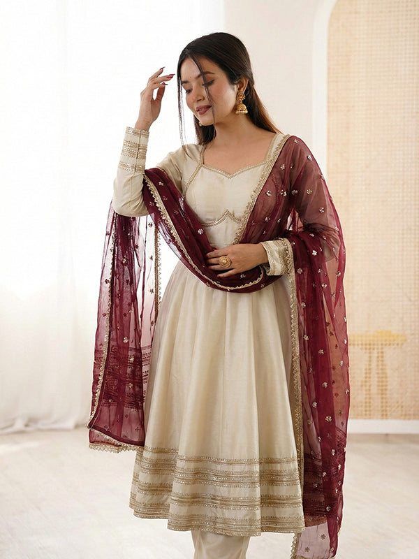 Off White Heavy Lace Work Cosmos Gold Anarkali Gown With Maroon Dupatta