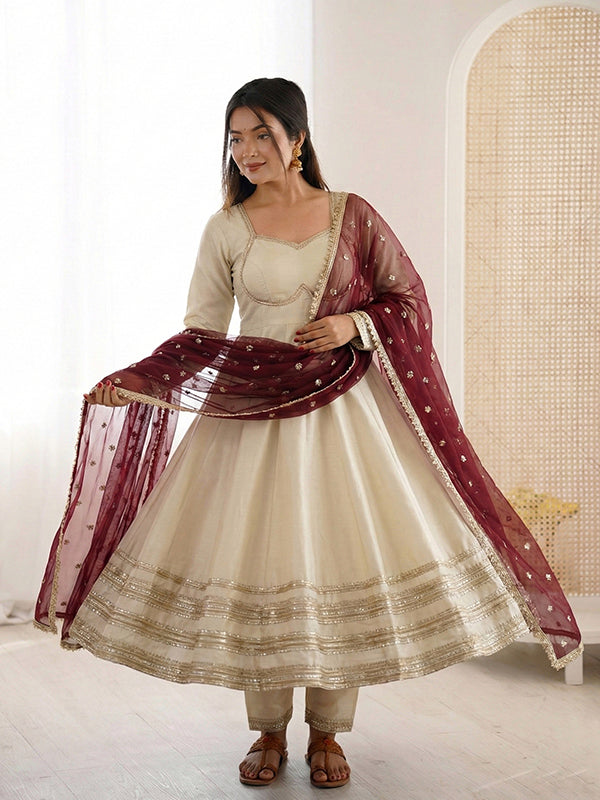 Off White Heavy Lace Work Cosmos Gold Anarkali Gown With Maroon Dupatta