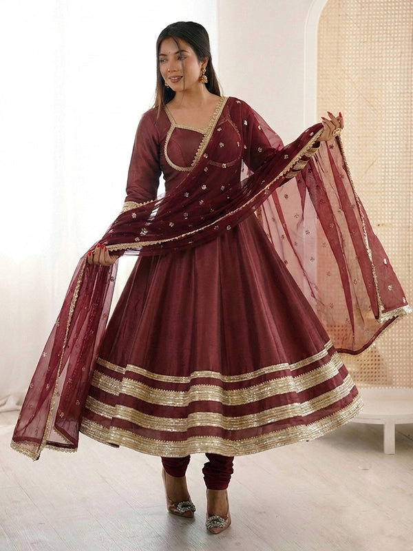 Maroon Heavy Lace Work Cosmos Gold Anarkali Gown With Dupatta