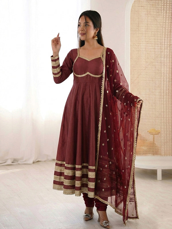 Maroon Heavy Lace Work Cosmos Gold Anarkali Gown With Dupatta