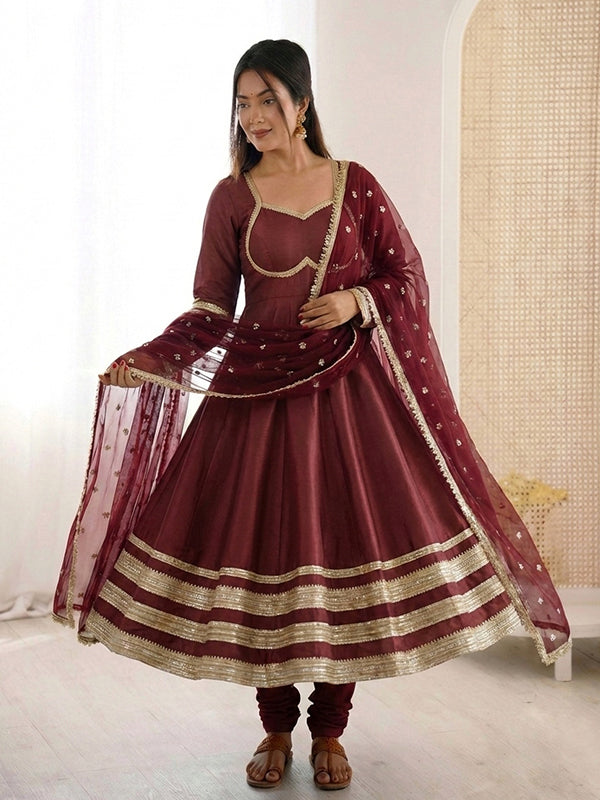 Maroon Heavy Lace Work Cosmos Gold Anarkali Gown With Dupatta
