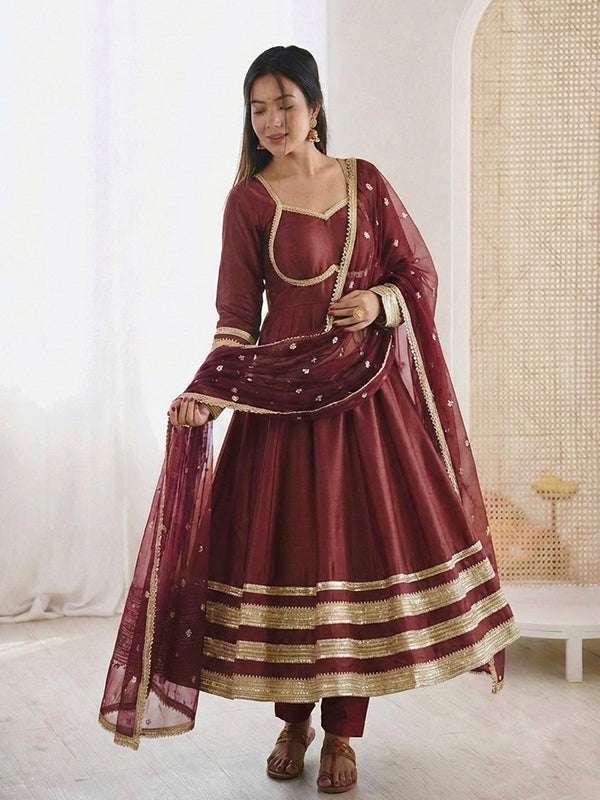 Maroon Heavy Lace Work Cosmos Gold Anarkali Gown With Dupatta