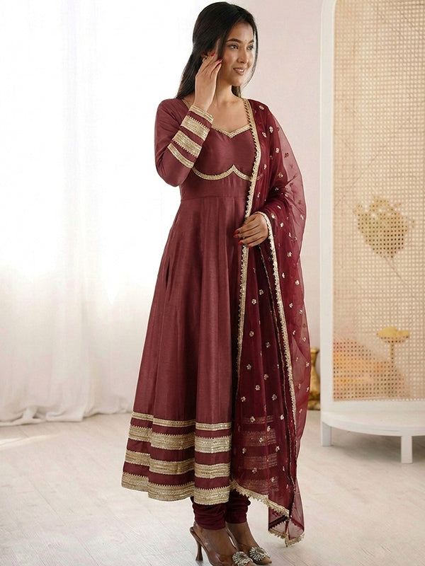Maroon Heavy Lace Work Cosmos Gold Anarkali Gown With Dupatta