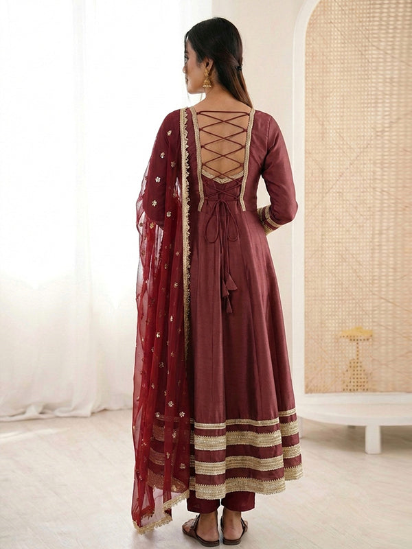 Maroon Heavy Lace Work Cosmos Gold Anarkali Gown With Dupatta
